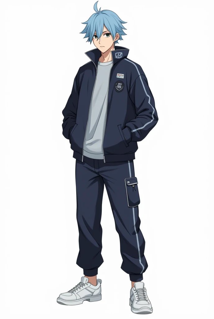   Male character with the characteristics and style of Togashi, Author of Hunter x Hunter, Anime de Hunter x Hunter,  Do you have light blue hair with military cut fringes and black eyes ,  He wears sportswear  ,   a windbreaker and sports pants with white sneakers  ,   is an adult about 19 years old  . Do on a white background 