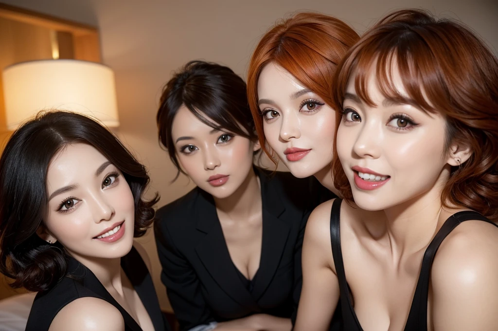 three sexy women in teacher outfits, looking at camera, cute smiles, happy opened mouths, goth eye makeup, close up faces portrait, short curly orange hair, view from below