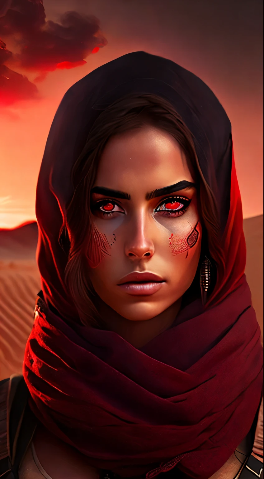 portrait 1 young woman ,dark red eyes, massive perfect breast, desert survivor, outfit,,desert fantasy background , post-apocalyptic, cinematic shot,((masterpiece, best quality, )),