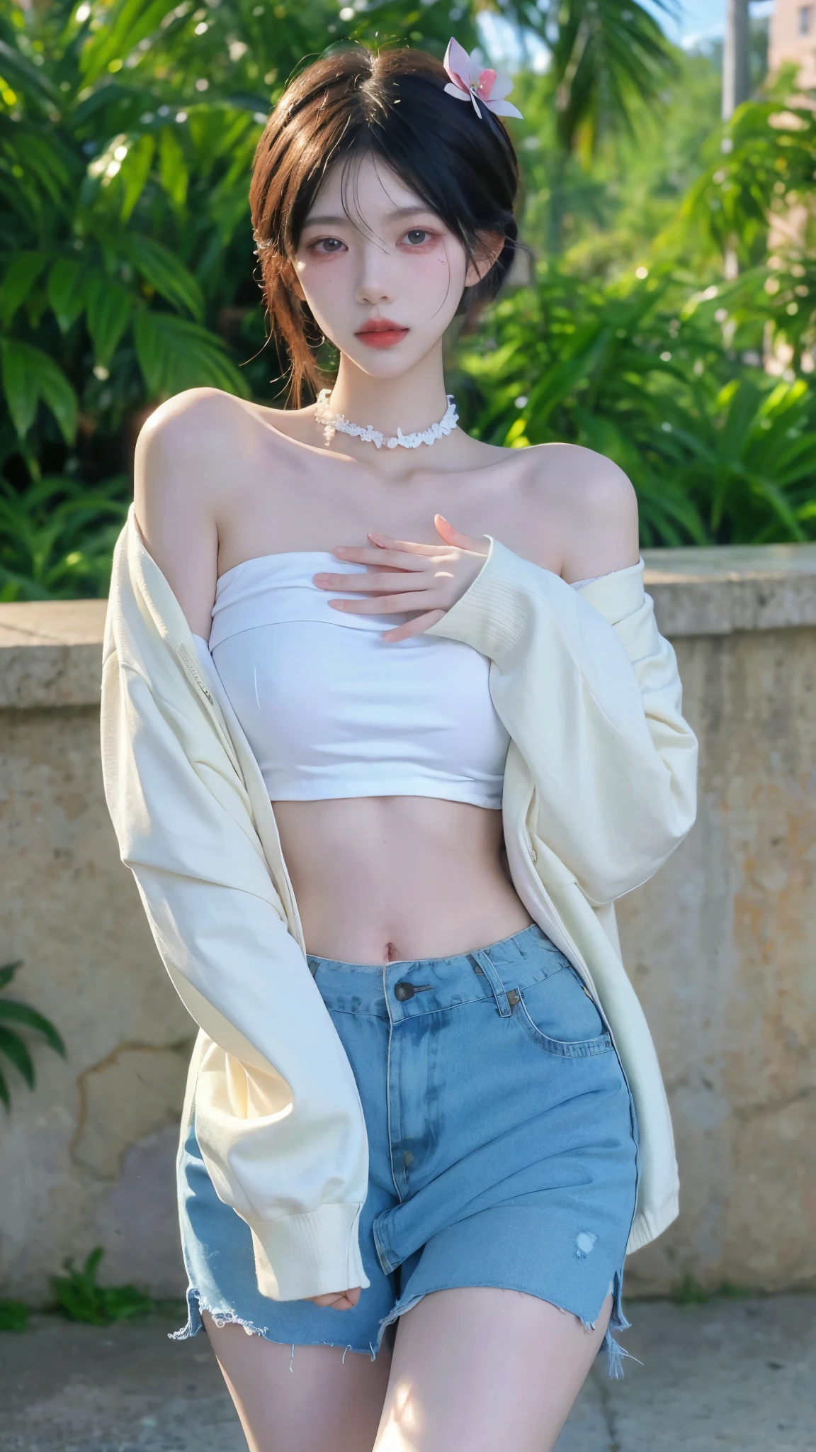 Beautiful woman with perfect figure:1.4,Ultra-high resolution,White legs,Put your hands behind your back,Swimming background,Big breasts:1.6,(Realism:1.4),perspective,Layered hairstyle,Snow white skin,JK:1.5,Super short pleated skirt,whole body:1.4,Very delicate and skin texture,Double eyelids,Skin Whitening,Long hair,White hair