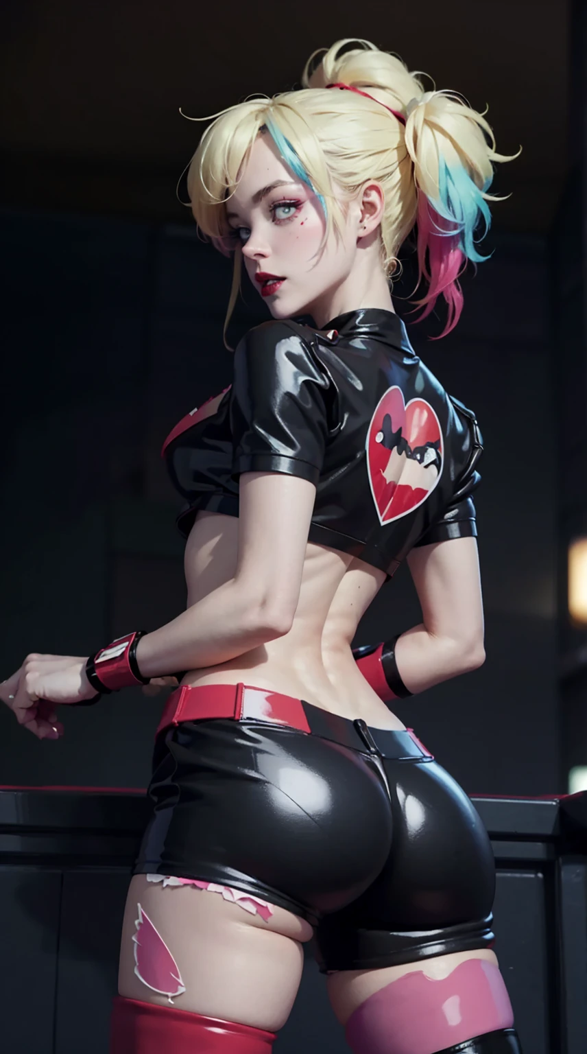 Harley Quinn, latex leggings, underboob t-shirt, perfect ass, perfect breast, perfect body, sexy ass, back view