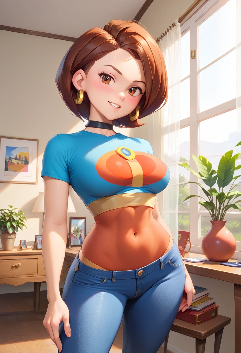 score_9, score_8_up, score_7_up, ((Masterpiece)), ((highres)), ((1girl)), Random poses, Helen Parr in the art style of Shantae: 1/2 genie hero, white t-shirt, blue jeans, modern indoor house scene