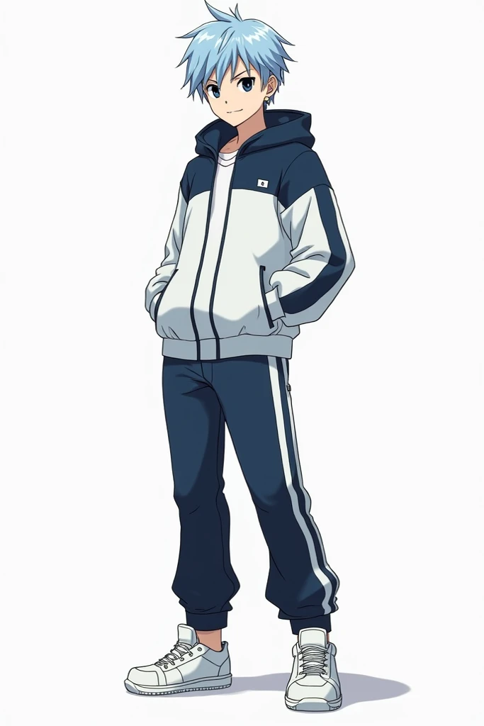    Male character with the characteristics and style of Togashi, Author of Hunter x Hunter, Anime de Hunter x Hunter,   You have light blue military-cut hair and black eyes  ,   He wears sportswear   ,    a windbreaker and sports pants with white sneakers   ,    is an adult about 19 years old   . make on a white background. She wears a diamond earring  