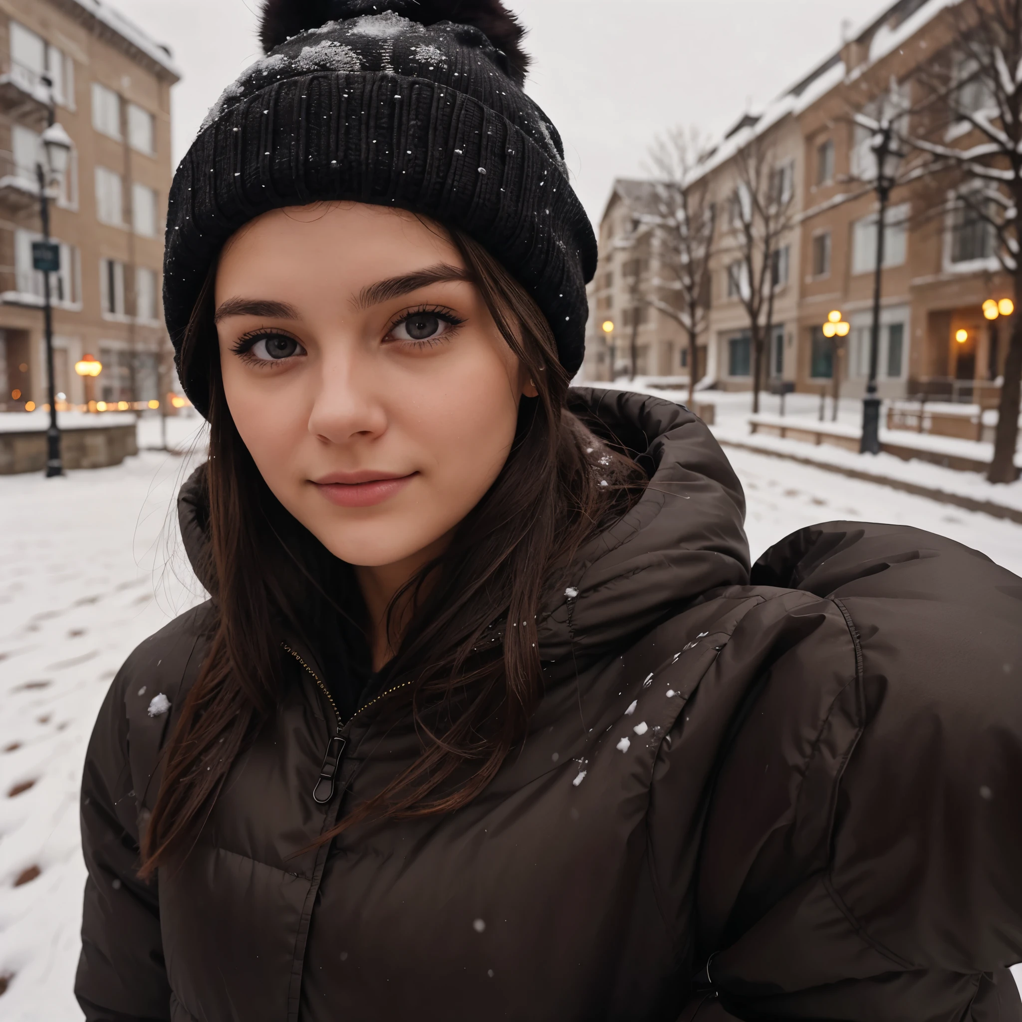 Arafed woman in a black hat and jacket standing in the snow - SeaArt AI