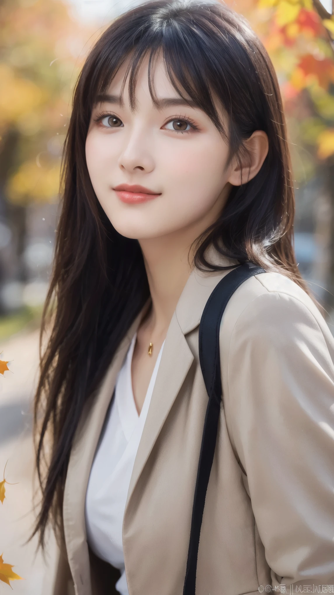 (8k, RAW Photo, Best Quality, Masterpiece:1.2), table top, Ultra Detail, Super Resolution, (Realistic, Realistic Photo:1.37), Portrait, High Detail RAW Color Photo, Professional Photo, Extremely Detailed and Beautiful, Extremely detailed, 8k wallpaper, amazing and detailed, huge file size, official art, highly detailed CG unity 8k wallpaper, highly detailed beautiful girl, highly detailed face, highly detailed eyes, highly detailed skin, highly detailed fingers, highly detailed nose, very detailed detailed mouth , perfect anatomy, highly detailed background, highly detailed clothes, (1 girl in), cute girl, realistic body, fair skin, glowing skin , slim body, handsome body, black hair , semilong hair, (blunt bangs:1.2), smile, cute, youthful, cute face, realistic face, delicate eyes, drooping eyes, looking at viewer, facing front, standing posture, Contraposto, (large breasts), (Perfect Body Proportions), (slender Body Proportions), super sexy pose, (late autumn outfit), Detailed and actual skin texture, (The precincts of autumn leaves),