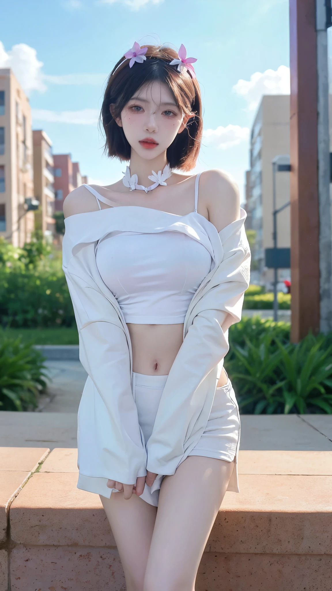 Beautiful woman with perfect figure：1.4，Layered hairstyle，White skin，Prominent cleavage，Bikini：1.5，Super short pleated skirt，whole body，Very delicate facial and skin texture，Double eyelids，Skin Whitening，Long white hair