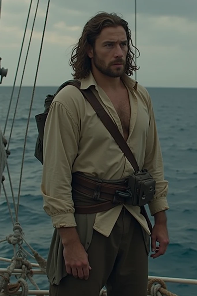 analog film photo, photo of a fantasy sailor, 25 years old, male, brown eyes, short dark curls, tan complexion, soft facial features, medium height, broad shoulders, stocky physique, slightly chubby, lots of body hair, wearing a linen tunic and pirate trousers, posing on the deck of a galleon, resembles Dean Cain, RAW Photograph, dslr, soft lighting, high quality, film grain, Fujifilm XT3, detailed skin with visible pores, insane details, masterpiece, 8k, 35mm photograph, dslr, kodachrome, faded film, desaturated, grainy, vintage, Lomography, stained, highly detailed, found footage, full-body shot
