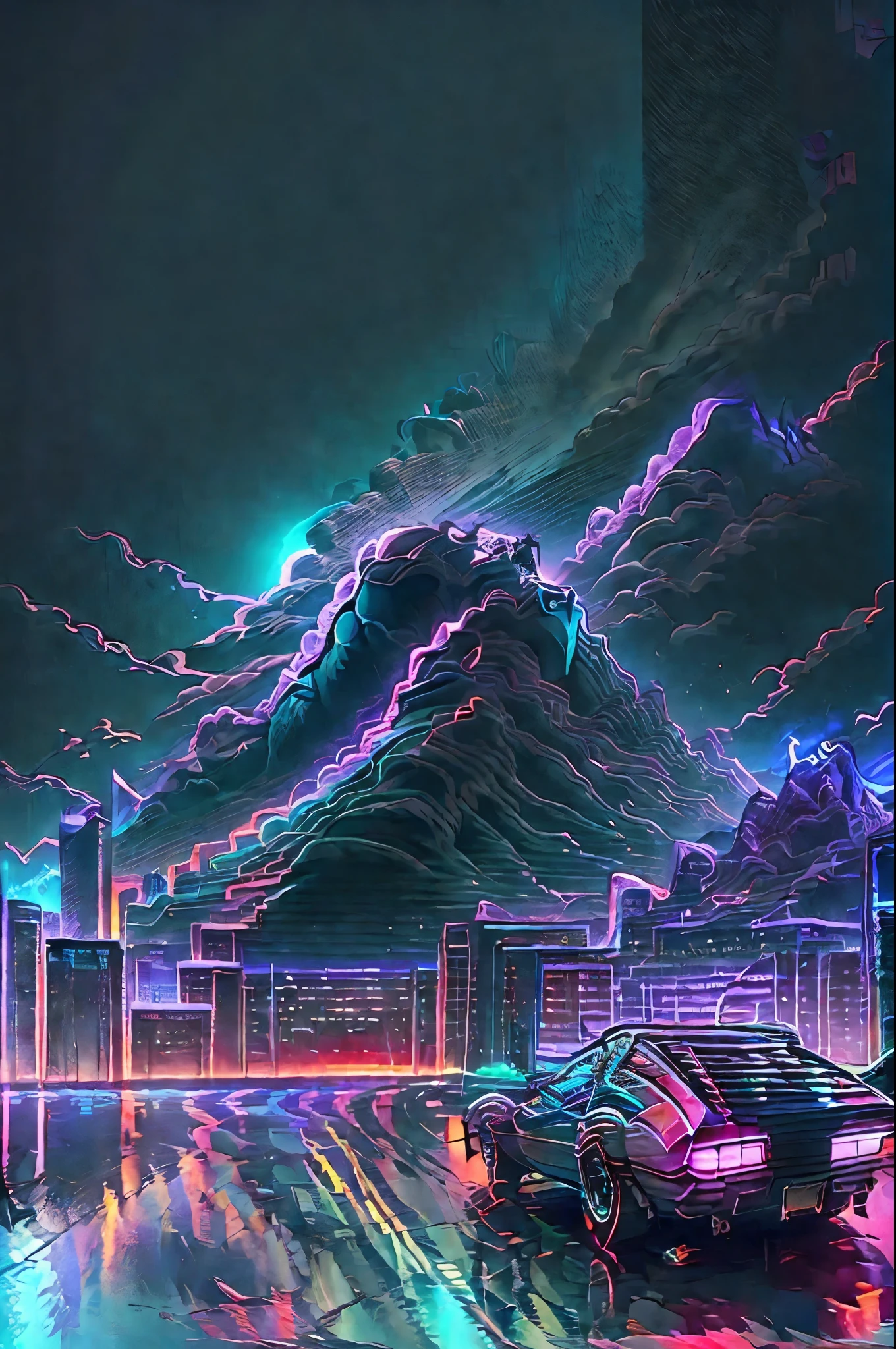 retrowave. city, 1969 Nissan S30, wide body kit, road,  purple neon lights, sun, mountain, 
(masterpiece,detailed,highres),
