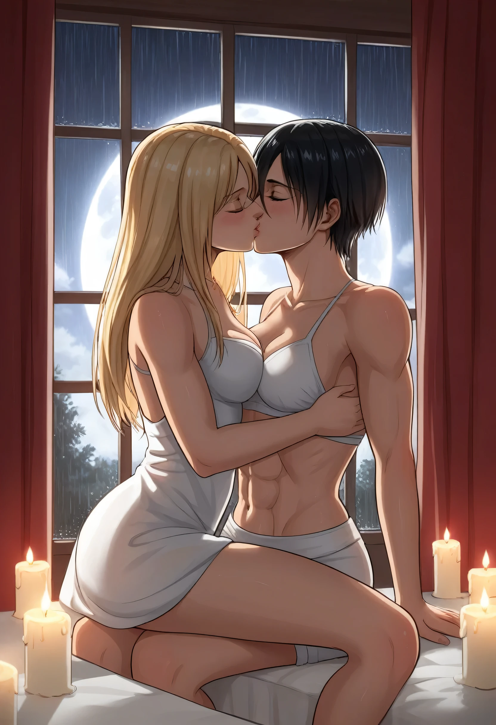 score_9, score_8_up, score_7_up, BREAK source_anime, historia reiss, blue eyes, blonde hair, long hair, medium breasts, long white dress sleeveless,female black hair soldier hugs historia,Mikasa with historia hugs,mikasa wreanig open green jacket and black combat pants,Mikasa female with short hair,mikasa female medium breasts,eyes closed,in night,moon in sky,mikasa final season,mikasa,Mikasa hugs historia،mikasa femboy,mikasa final season,historia blonde hair,hugs and kissing,mikasa carrying historia and kissing her,Mikasa lifts Historia up and kisses her.in middle night,raining outside,mikasa final season,girls kissing,girl×girl,lesbians,yuri,romantic wallpapers,historia sitting on mikasa and kissing her,Mikasa in both hands touch historia ass, raining outside the room,mikasa final season design,character's from season 4,historia enjoyed while kissing mikasa, both,one of Historia hands touch mikasa abs,romantic kissing,mikasa pixie cut hairstyle,Serious love,inside room,dark room,candle light in room,HD WALLPAPER,perfect colors,Shining on character's hair,Shining body's 