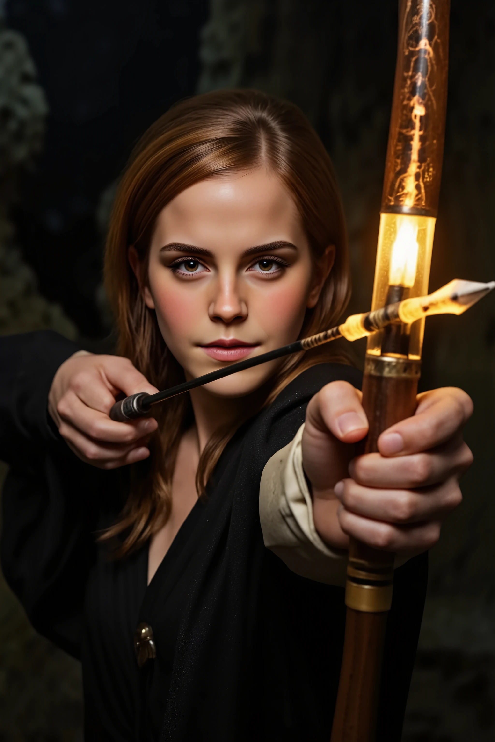 UHD 32k epic fantasy movie still, closeup portrait, photograph, archery, Emma Watson as a beautiful elf woman aiming a bow and arrow, the bow weapon is glowing with gold magic and glowing runes, dark cave background, cinematic realism, high action pose, perfect pupils, insanely detailed faces, correct digits, realistic skin, intricately detailed, dimly lit, perfect eyes, perfect pupils, expressive eyes, texture, mad-arcnsmbls, mythp0rt, aidmaMJ6.1