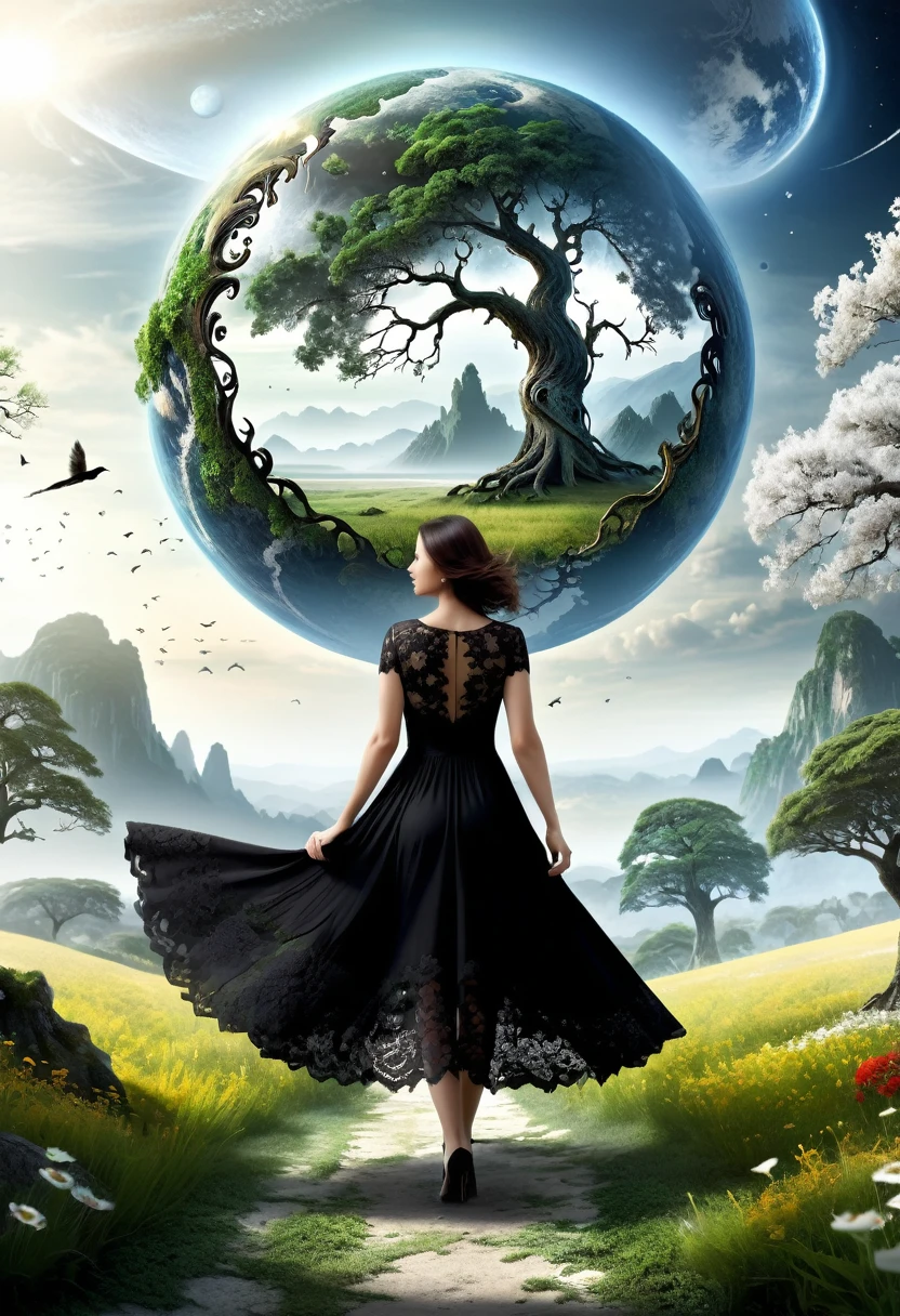  arafe image of a planet with a tree and flower in the center,  A world between death and life  , 4k high definition digital art , mother earth,  Wear a black lace dress with stylized digital art ,  Stunning Digital Artwork, Beautiful art uhd 4 k, very  Stunning Digital Art,  great composition,   detailed fantasy digital art ,  Stunning Digital Art, Beautiful art, Symmetrical fantasy landscape