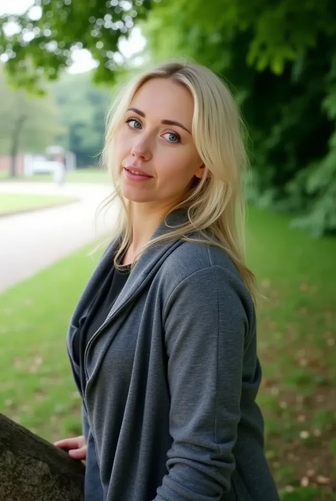  blonde ,  sitting on a tree branch in a park , picture, inspired by Ilka Gedö, unsplash, figuration libre, 30 year old French woman, Magdalena Sache , шведка- blonde ,  bright and attractive features,  blonde , 30 year old woman, 30 year old woman,  sexy look into the camera 