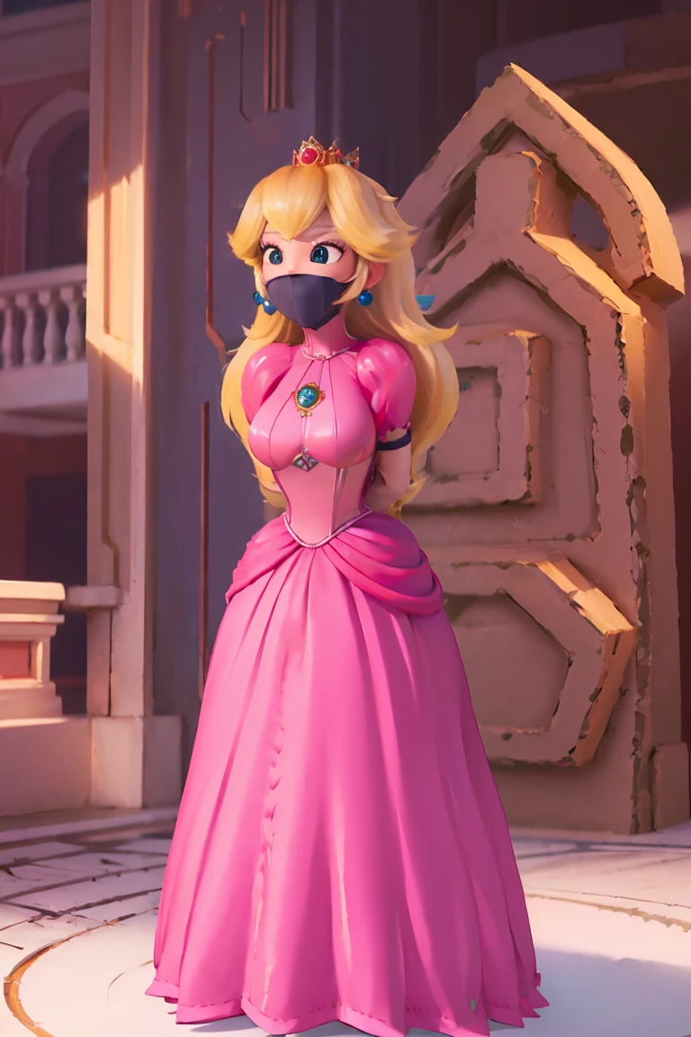 score_9, score_8_up, score_7_up, 1girl, 1girl, Princess Peach \(Mario Bros\), ((Very huge breasts )), (Perfect thin body), (wearing pink dress, crown, heels), ((Posing sexy in peach princess castle)), (master part, High definition, , (arms behind back:1.4), (full body, complete body, toes to head view, standing, stand up) mask, mask neck corset, mask corset, black mask, tight mask, wrap mask.