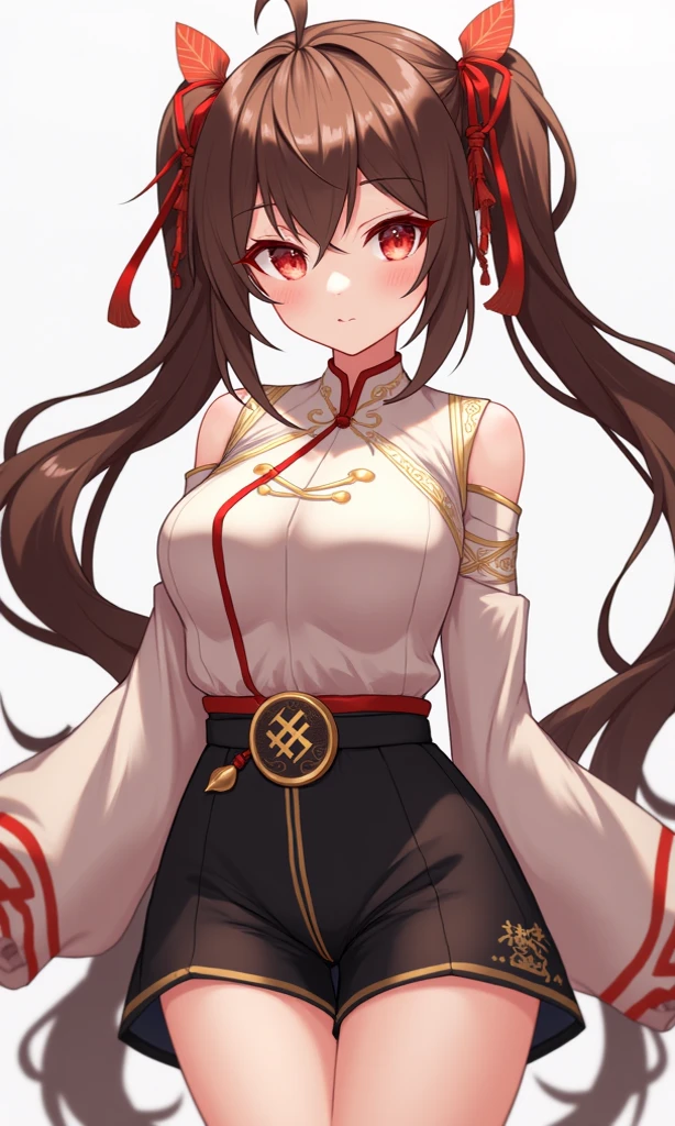 girl, brown hair, long hair, two ponytails on her head, ponytails on the sides of her head, red dress, short dress, red eyes