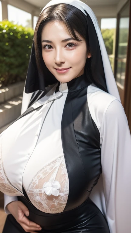 （（（povshot）））、（（（ mature woman）））、（（（45 years old:2.0）））、（（（aunt）））、Nuns、 Sexy Mature Woman 、nasolabial folds、Facial wrinkles、  black hair 、Dark Eyes、 smile、（（（（ saggy breasts during pregnancy:1.8））））、（（（ very big breasts）））、（（（Fetish breasts）））、（（（  perfect anatomy）））、  realistic skin texture 、  growing skin that does not depict the nasal cavity 、latex、（（（wimple）））、（（（Nun dress:2.0）））、（（（ very fat:1.8）））、8k、 best quality、masterpiece、 High image quality、garden