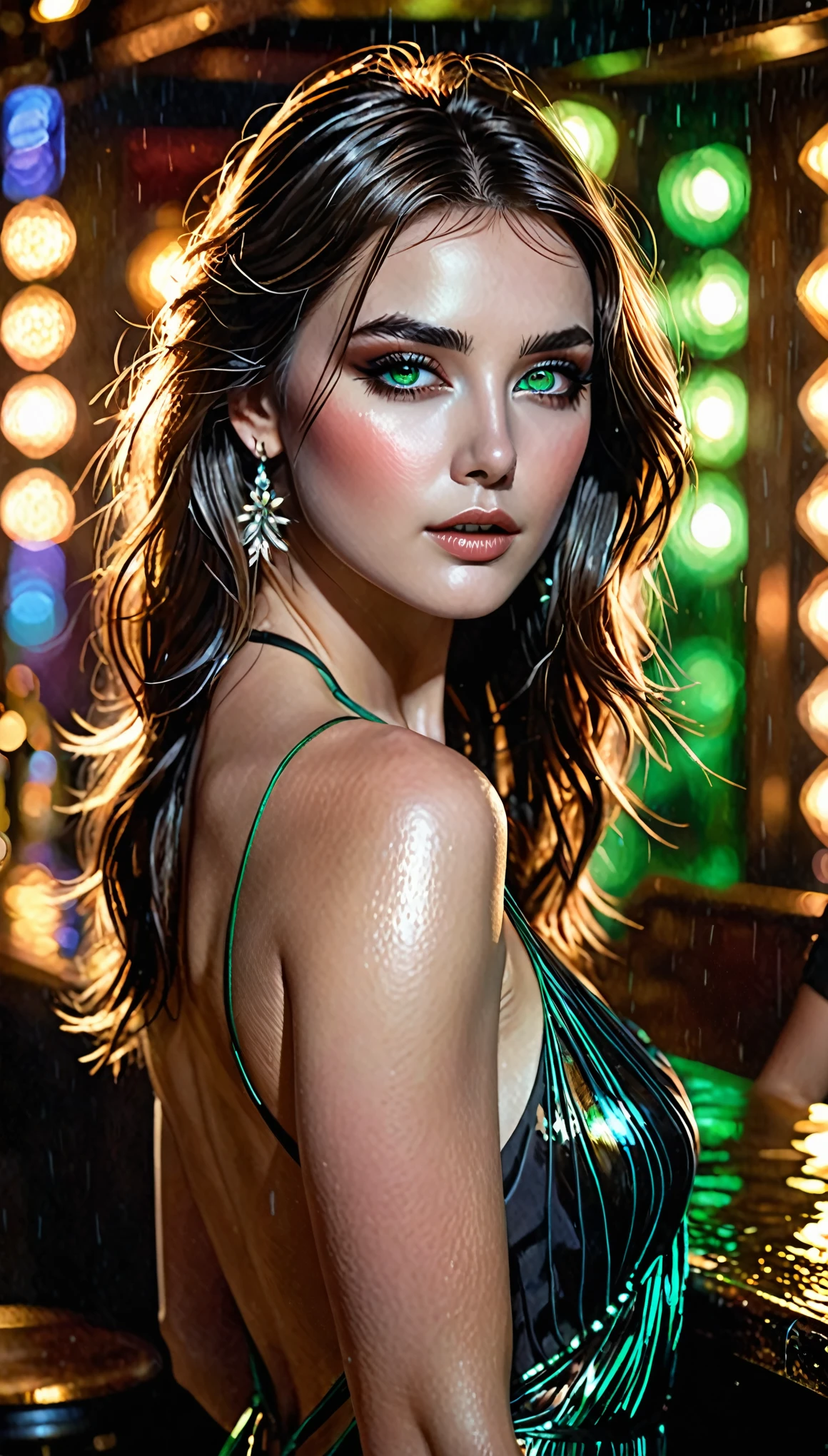 Beautiful ethereal spirit with a fleeting, sad expression and messy, layered straight brown hair framing her face. She has an attractive, seductive, and amorous look, enhanced by subtle make-up. She wears a black string dance dress, emphasizing her glamorous proportions. The scene depicts her performing a passionate dance as Carmen on the stage of a dimly lit bar, with iridescent and dynamic lighting effects illuminating her figure. Her watery green eyes sparkle with emotion. The image is ultra-detailed, rendered in high resolution with artistic 2.5D effects, hyper-dynamic elements, and a cinematic digital art style.