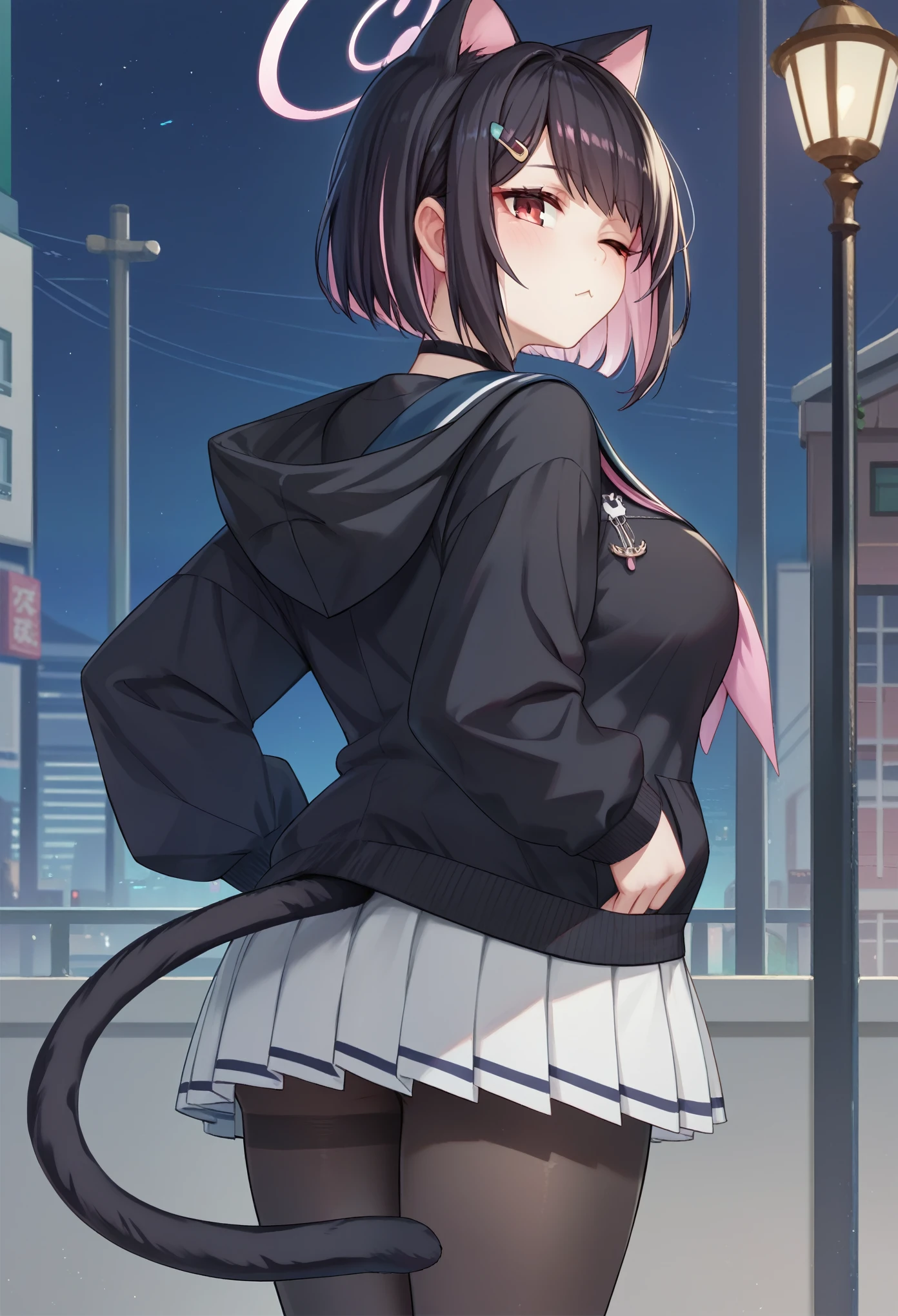 score_9, score_8_up, score_7_up, score_6_up, source_anime, 1girl,large breasts,short hair,skirt,black hair,hair ornament,red eyes,long sleeves,animal ears,jacket,pink hair,pantyhose,sidelocks,pleated skirt,choker,hairclip,cat ears,hood,miniskirt,sailor collar,black jacket,neckerchief,black tail,black pantyhose,black choker,halo,white skirt,hood down,blue sailor collar,hooded jacket,colored inner hair,black hoodie,pink neckerchief,facing away, ((glancing viewer,one eye)),ourdoors, city, nightsky