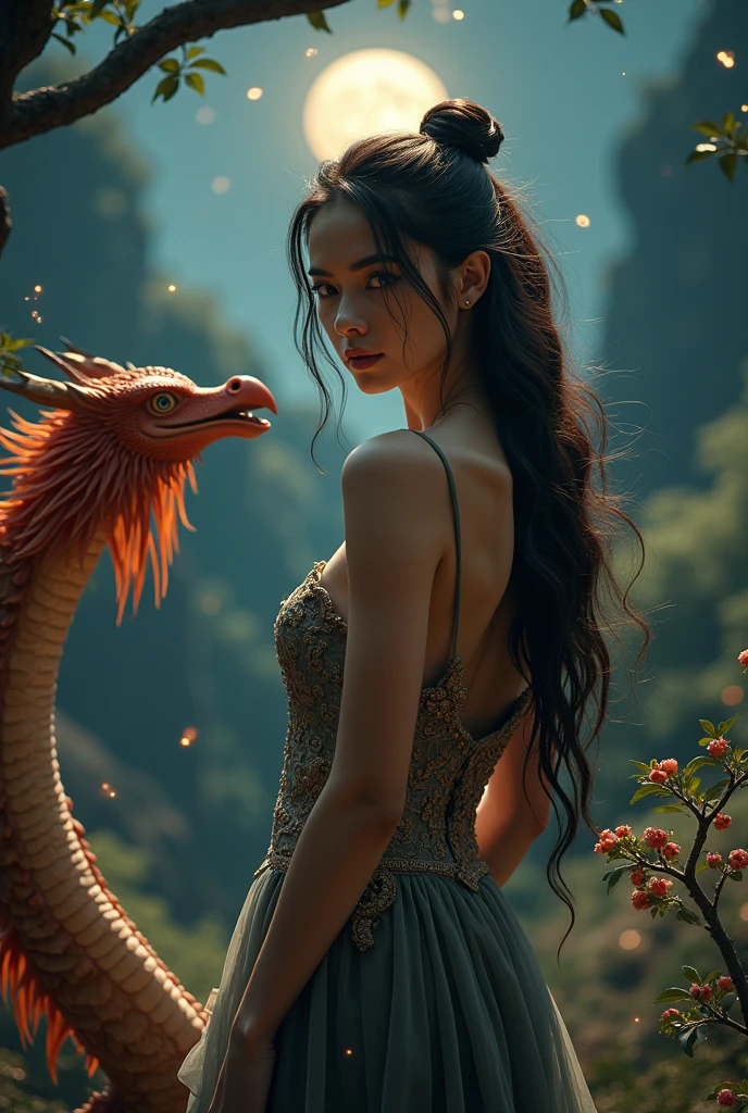 masterpiece, best quality, high quality, extremely detailed CG unity 8k wallpaper, enchanting and dreamlike scene of fantasy forest,(beautiful woman caresses a dragon:1.4),creating a sense of mysticism and enchantment , artstation, intricate, trending, Award Winning Photography, Bokeh, depth field, HDR, flourish, chromatic aberration, photorealistic, extremely detailed, trending on artstation, trending on CGsociety, intricate, highly detailed, dramatic, in between