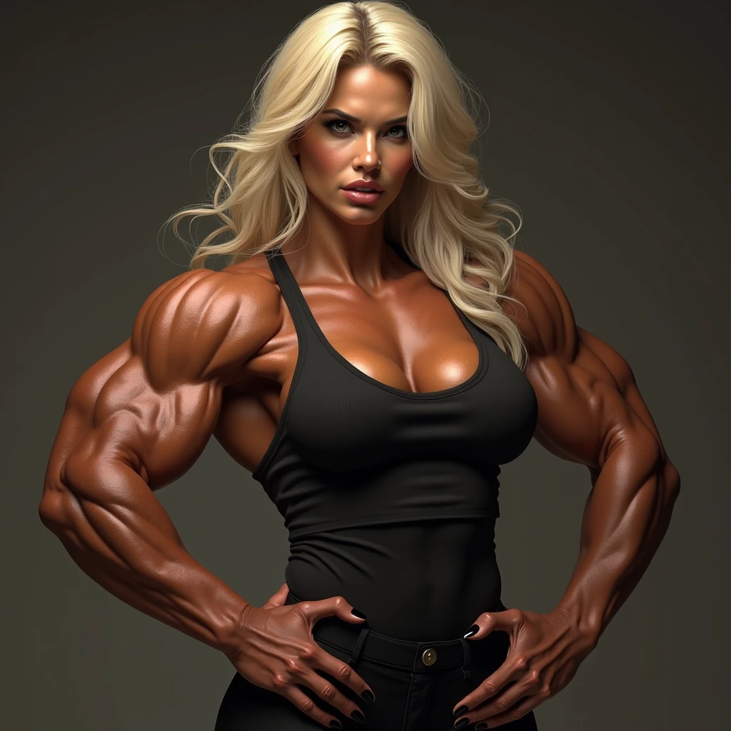 mix meghan markle & kim kardashian into a HUGE and angry blonde Ms Olympia female bodybuilder bimbo who is ripped and extremely muscular on anabolic steroids with HUGE tits and huge pumped up muscles, biceps, and veins, very angry face, pissed off, yelling face