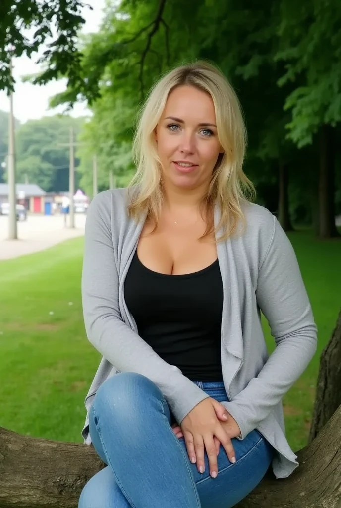  blonde ,  sitting on a tree branch in a park , picture, inspired by Ilka Gedö, unsplash, figuration libre, 30 year old French woman, Magdalena Sache , шведка- blonde ,  bright and attractive features,  blonde , 30 year old woman, 30 year old woman,  sexy look into the camera 