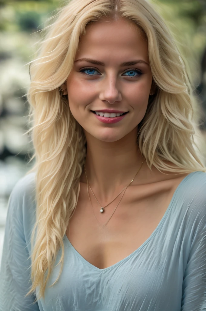 ((Best quality)), ((masterpiece)), (detailed), 1 girl in, 19 years, One, long hair, Colossal , nude cleavage, view viewer, blond hair, bare shoulders, Blue eyes, jewelry, whole body, necklace, cropped shoulders, Sweaters, realistic, Happy smile, perfect face and body, straight, narrow nose
