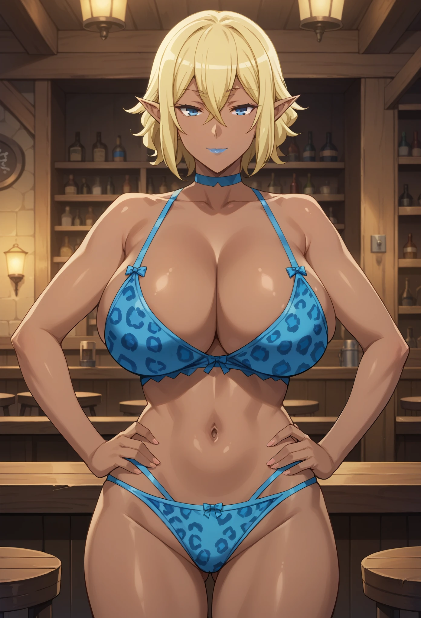 score_9_up, score_8_up, score_7_up, 1girl, milf, solo, (dark skin, black skin:1.4), Ryuu Lion, TripleTits, (huge breasts:1.3), (((blonde hair), very ong hair, sidelocks, parted bangs, hair between eyes, blue eyes, half-closed eyes, pointy ears)), blue lips, ((choker, bare shoulders, blue leopard print lingerie)), ((light smile), closed mouth), ((hands on own hips, tavern))