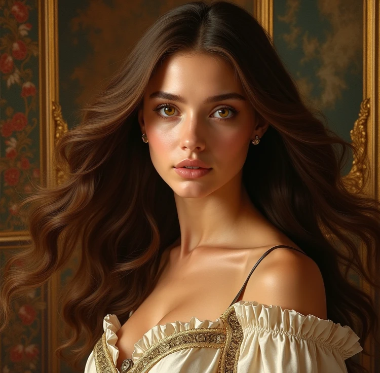 (fine art) (oil painting) portraying an (attractive lady), (elegance and allure), (inner beauty shines), (enigmatic eyes), (captivating aura), (oil painting by a renowned artist), (rich and vibrant colors), (timeless grace), (effortless sophistication), (classic beauty), (intense gaze), (timeless masterpiece)