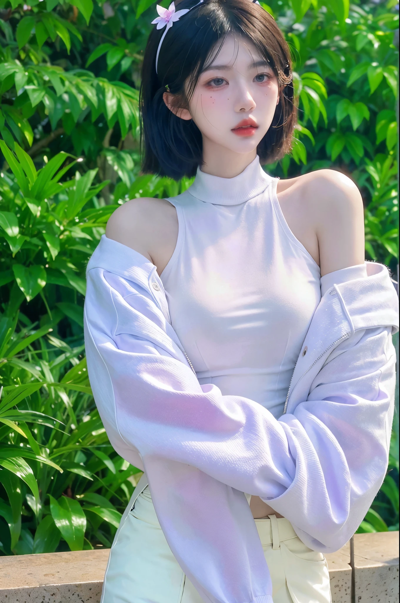 Beautiful woman with perfect figure:1.4,snow,Touching butt with both hands,snow背景,Layered Hairstyle,White skin,Prominent cleavage,Pleated Skirt,whole body,Very delicate face and skin texture,Double eyelids,Skin Whitening,Long white hair