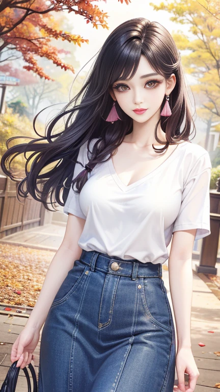 Best Quality, ultra high resolution, 32k, hyper realistic, ultra-detailed, Very detailed CG 8k wallpaper, detailed background, landscape, Beautiful Lighting, Perfect Lightning, Realistic Shadows, perfect anatomy, anatomically correct, ideal ratio body proportions, perfect figure, Perfect Style, Perfect balance, super Detailed skin, in her 30s, very Slim body, narrow waist, very small head, very small face, delicate facial features, handsome detailed woman, very detailed eyes and face, realistic face proportions, Realistic beautiful face, Realistic beautiful eyes, tearful mole, earring, full body shot, very huge round , medium hair, asymmetrical hair, wavy hair, indoor, blouse, crop top, shorts,