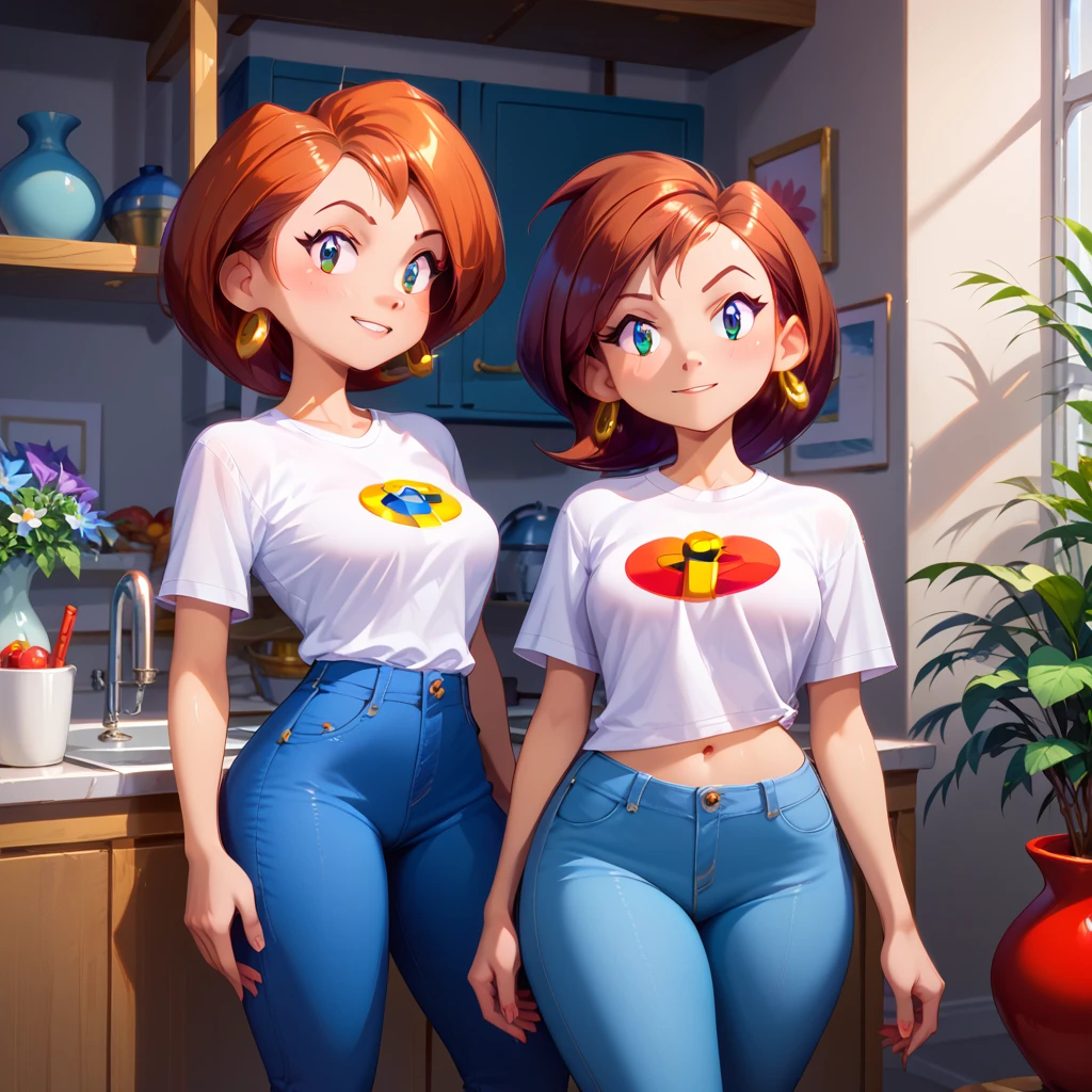 score_9, score_8_up, score_7_up, ((Masterpiece)), ((highres)), ((1girl)), Random poses, Helen Parr in the art style of Shantae: 1/2 genie hero, white t-shirt, blue jeans, modern indoor house scene, ((medium closeup))