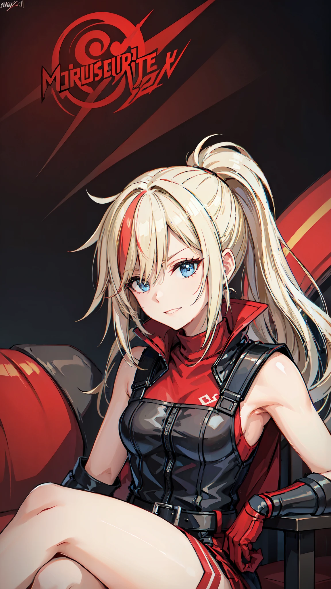 1 Female、Small breasts、Blonde ponytail、Round red eyes、Fine and beautiful skin、smile、smile、Ahoge、Upper body close-up、A detailed red rider's jacket、Wear a big jacket、Cinematic Light、Golden hour sky