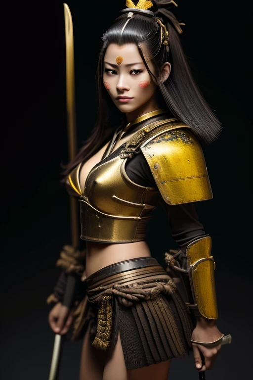  best quality, masterpiece,  ultra high resolution, (reality: 1.4), Original photo, 1 female,  mature woman,  beautiful semi-long blonde hair ,  beautiful and realistic character expression  ,holding bow weapon,looking at viewer,Blue eyes,Yellow helmet with samurai armor ,samurai mask, sexy yellow armor with samurai armor ,Chest Armor Samurai Armor 2 /Medium breasts with 3 exposed skin,cleavag,underboob,plunging necklines, 鎧samurai armor, yellow armor with super miniskirt , Underwear is black high leg , shoulder I wear yellow armor from samurai armor on my shoulder, beautiful skin like silk ,Sengoku period battlefield background, ( ahe face :1.5), (Perfect Ecstasy:1.5), Wide neckline, beautiful silhouette  , Mechanical Chastity Belt ,  realistic texture and attention to detail , 8k， best quality ， live action with the gun you own， intricate details， super detailed，  ultra high resolution， depth field ，（Realistically，Realistically：1.2），masterpiece， black tights ， best quality,Realistically，（ intricate details：1.2），（ exquisite details ），Clear lines， clear focus，Detailed Face Unity 8K Wallpaper ，  ultra high resolution，（ realism：1.4）,  using a stethoscope , Busty,Tight Suit, petite frame Curvy body,muscular build, small chest, Buttock Augmentation,  using a stethoscope , Shows Nervous Expression ,  Movie Lighting