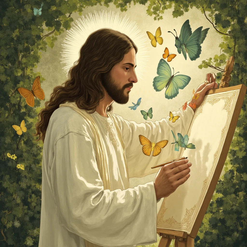 "Leonardo da Vinci presenting a large sketch of a flying machine to a group of curious children in a lush garden, Renaissance clothing, vibrant colors, detailed background with trees and birds, child-friendly."