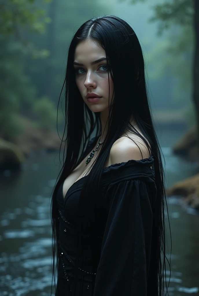 ((Night)) ((a deserted lake)) Vampire woman, (full body), black hair, pale skin, fangs bared, hungry, sexy nightgown, looking at viewer, rises out of the water, soaking wet. style of a painted book illustration, dramatic lighting, (depth of field), ((masterpiece)), ((best quality)), ((highly detailed))