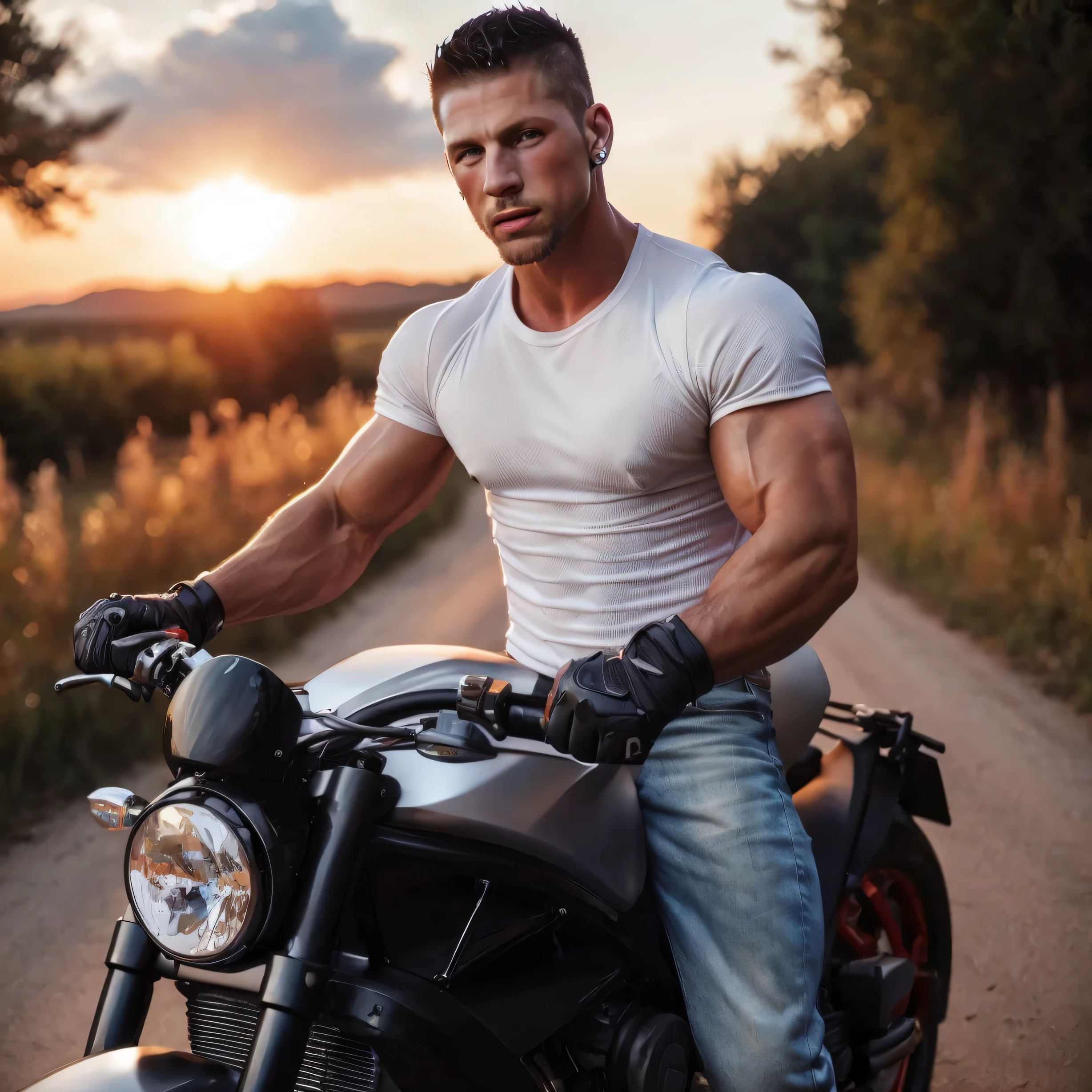 Roman Todd on motorbike, mohawk, facial hair, diamond earrings, huge muscles, huge breasts, swollen nipples, latex, highly detailed, photorealistic, 8K, HDR, 