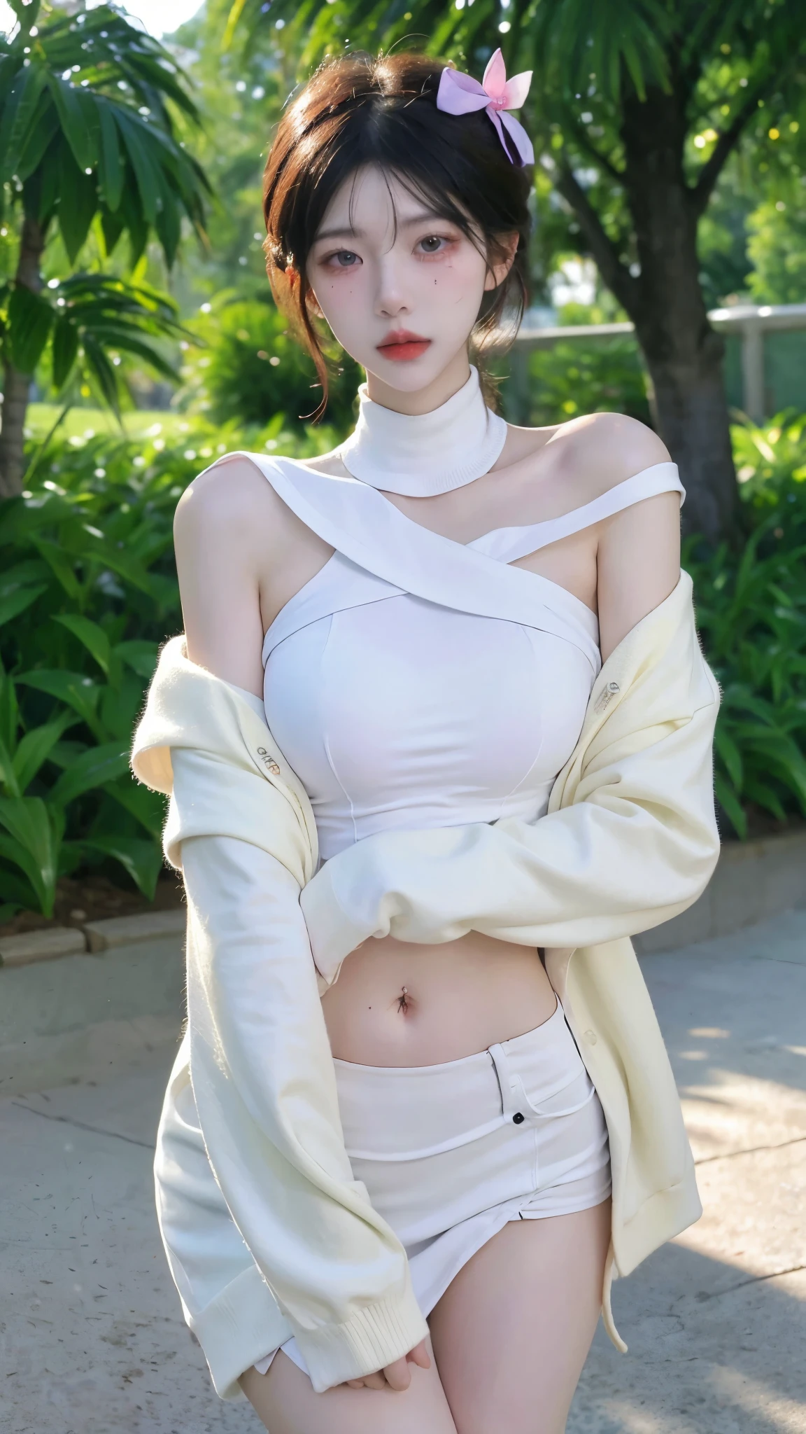 Beautiful woman with perfect figure:1.4,Layered hairstyle,White skin,Prominent cleavage,Bikini:1.5,Super short pleated skirt,whole body,Very delicate facial and skin texture,Double eyelids,Skin Whitening,Long white hair