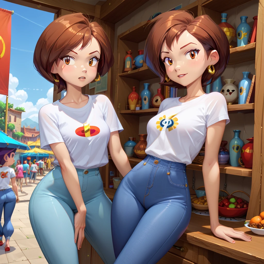 score_9, score_8_up, score_7_up, ((Masterpiece)), ((highres)), ((1female)), Random poses, Helen Parr in the art style of Shantae: 1/2 genie hero, white t-shirt, blue jeans, modern indoor house scene, ((medium closeup))