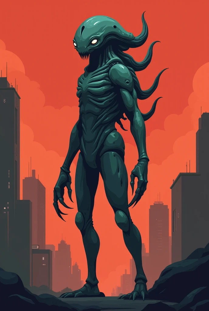 In a serious comic book style, super villain Debilsus. It is a hybrid of a human and a betta fish.. It walks on two legs. It is navy blue in color, green and orange. It looks menacing and aggressive.. He has a wavy back, which is on his head and back and is orange. It is surrounded by a green sea aura. It is in the city canals. 
