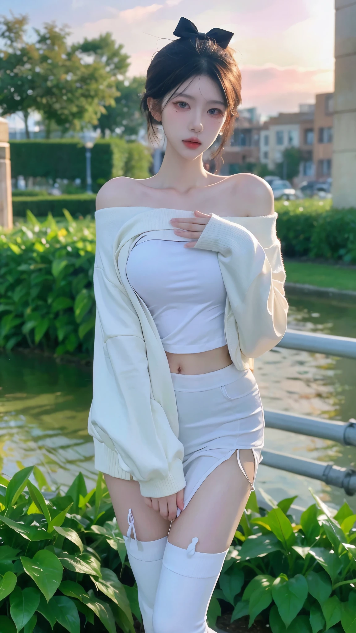 Beautiful woman with perfect figure:1.4，snow，Touching butt with both hands，snow背景，Layered Hairstyle，White skin，Prominent cleavage，Pleated Skirt，whole body，Very delicate face and skin texture，Double eyelids，Skin Whitening，Long white hair