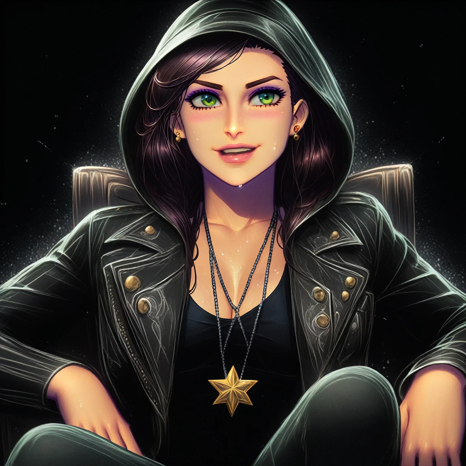 un gros plan d'une personne assise sur une chaise avec un sweat à capuche, neoartcore et Charlie Bowater, style artistique de Charlie Bowater, Cassandre Caïn,  façon Charlie Bowater , Charlie Bowater character art, in  façon Charlie Bowater , Cassandre Caïn in satin, Charlie Bowater et Artgeem, Charlie Bowater et Tom Bagshaw, œuvre d'art