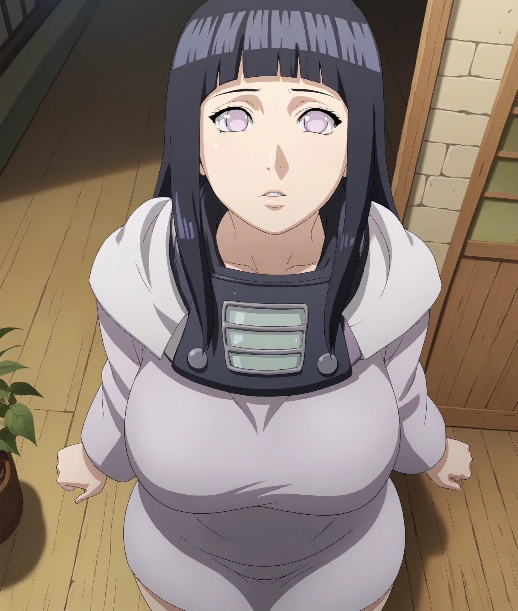 score_9, 1girl, solo,  incom, facing viewer, standing, parted lips, from above, indoors, cowboy shot, large breasts, thick thigh, big ass, leaf village Crest, hinata outfit, (hinata, hyuuga hinata, purple eyes, blunt bangs, black hair), 