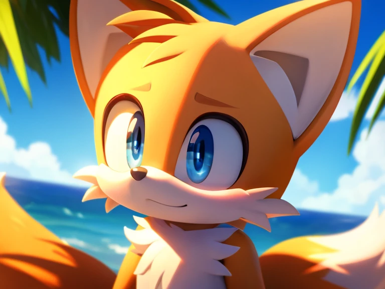 Tails, a cute fox, detailed body, blue eyes, high quality, a masterpiece, sun-kissed, detailed cinematic shot 