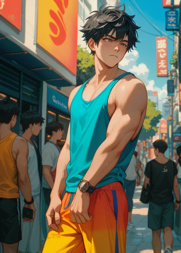 a japanese tall boy,black bob hair,wearing colorful tank top,very short sweatpants,