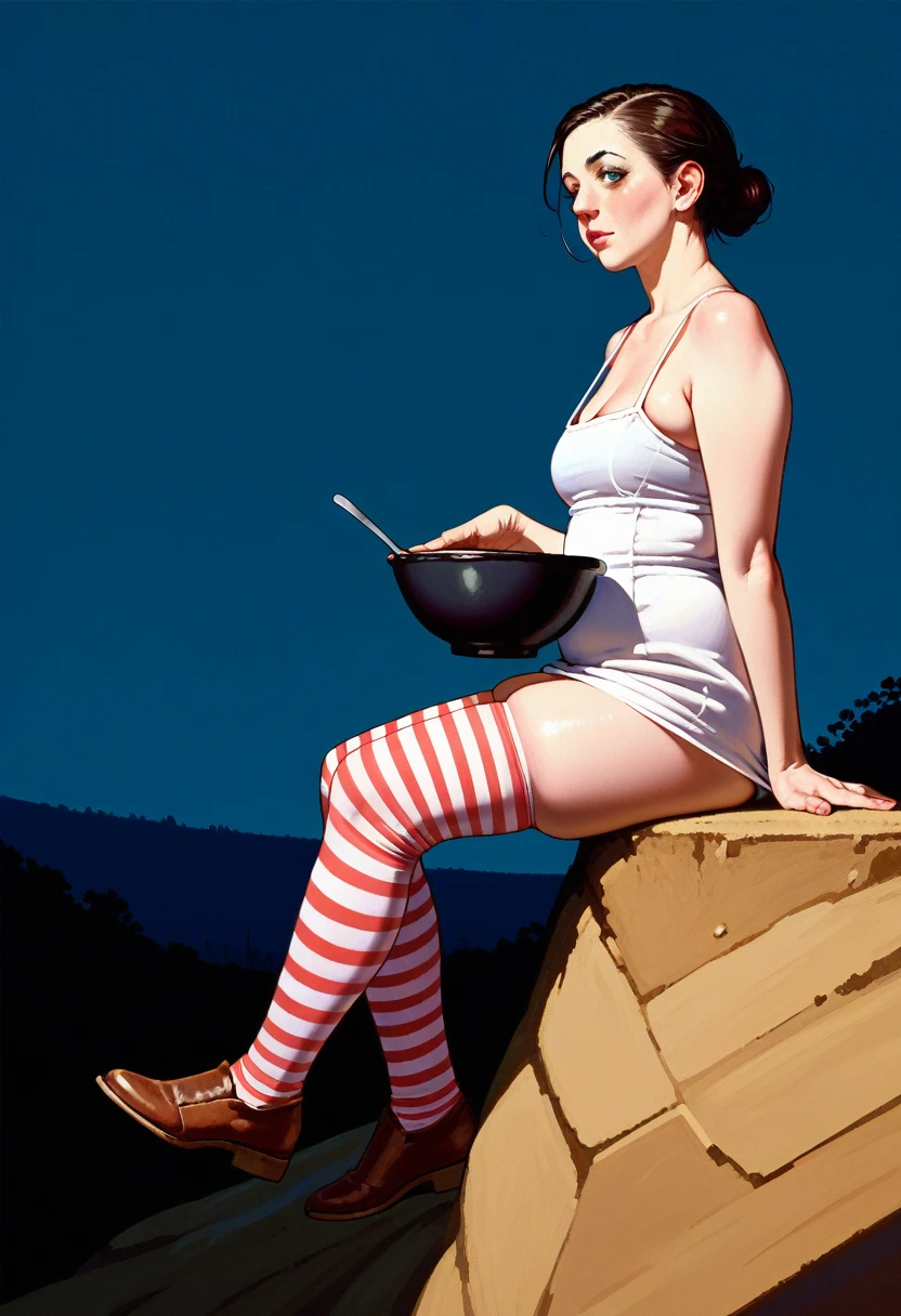 score_9, score_8_up, score_7_up, source_anime,1girl, side view, , , , skindentation , lize1st, , , (sitting on a cliff:1.1), dark sky, on a farm, volumetric and specular lighting, ((large sagging chest)) ((art by norman rockwell))  
((Safe for work)) ((dynamic angle)) () ((realistic anime)), (rule of thirds), detailed anatomy, (skindentation), chubby, wearing a short sundress and striped stockings, , dark makeup, black bowl cut hair