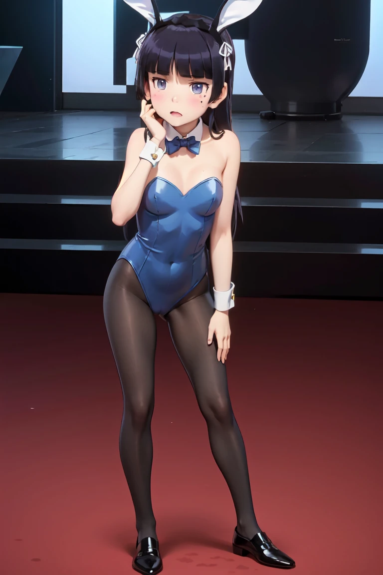  girl who dresses comfortably, fake rabbit ears, light blue leotard , bowtie, pantyhose, wrist cuffs, (black_ pantyhose), ((ruri gokou)), Long Hair,  black hair,  princess cut, pants, mole, mole under eye,  standing,  bunny girl, standing, live stage、 colorful lights、