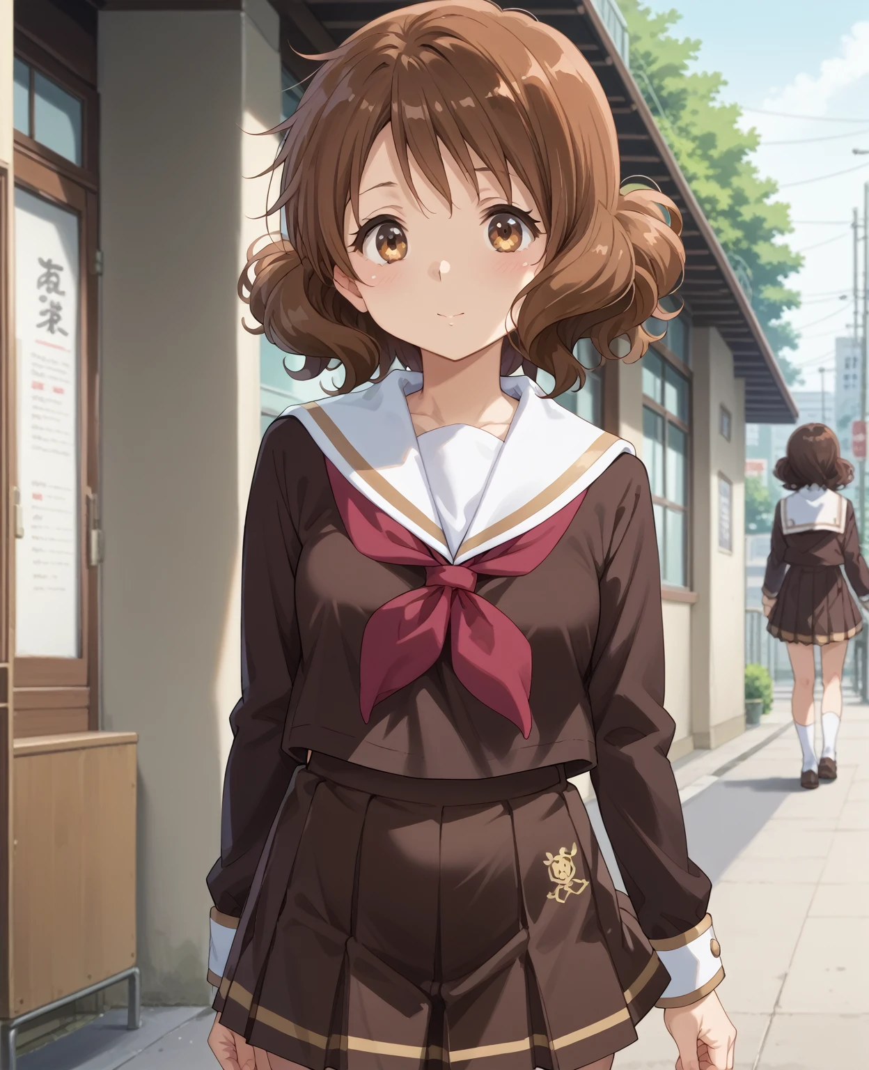  one girl with brown hair sticking forward 、kumiko oumae (kumiko oumae, brown eyes, brown hair, short hair, wavy hair,)(skirt, shirt, long sleeves, school uniform, pleated skirt,  serafuku, neckerchief, brown skirt, white sailor collar, brown shirt, kitauji high school uniform, red neckerchief,),  sticking forward facing down and chuckle 、abdominal bulge, Walking on the sidewalk、 pat your stomach with your hands sticking forward 、 place your palm on your abdomen、 look over your shoulder 。medium breasts