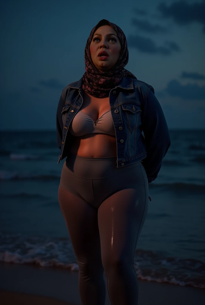 RAW photo,candid photograph, full body,photo of a beautiful,influencer,30yo Moroccan woman,black hijab, detailed skin, naked, looking at viewer, thick body structure,standing in the streets of Rotterdam at midnight,flash photo, candid pose,blue light, film grain, kodak color, instagram LUT