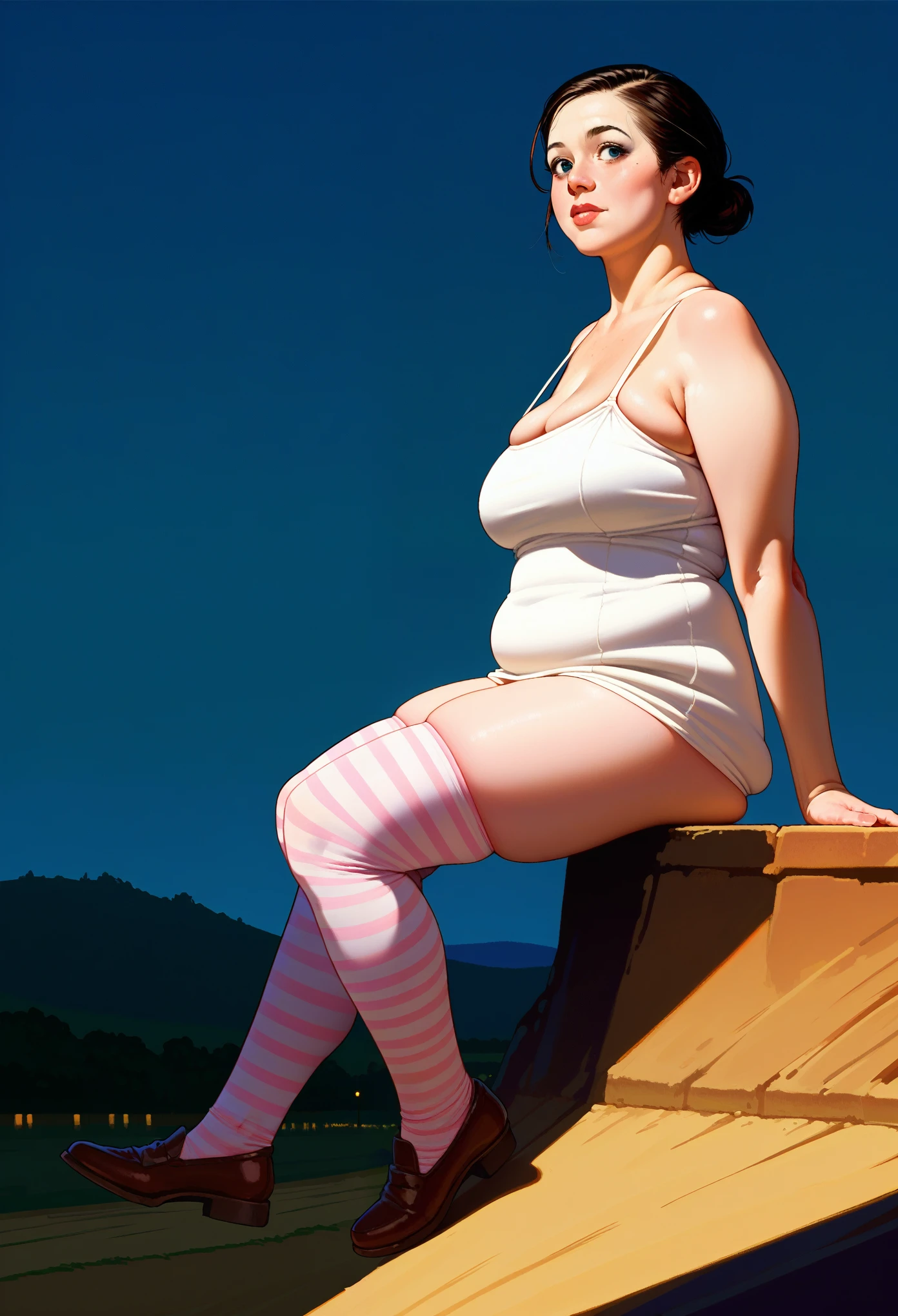 score_9, score_8_up, score_7_up, source_anime,1girl, side view, , , , skindentation , lize1st, , , (sitting on a cliff:1.1), dark sky, on a farm, volumetric and specular lighting, ((large sagging chest)) ((art by norman rockwell))  
((Safe for work)) ((dynamic angle)) () ((realistic anime)), (rule of thirds), detailed anatomy, (skindentation), chubby, wearing a short sundress and striped stockings, , dark makeup, black bowl cut hair