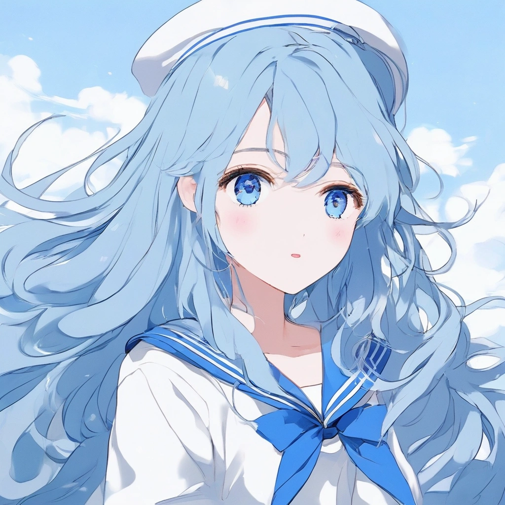girl、Primary school students、Red Eyes、Blue Hair、Sailor suit、White beret、Ultra mile、1 person、Long Hair、Short、Blue scarf、One of the Primary school students、The wind is blowing and I&#39;m holding my hat down