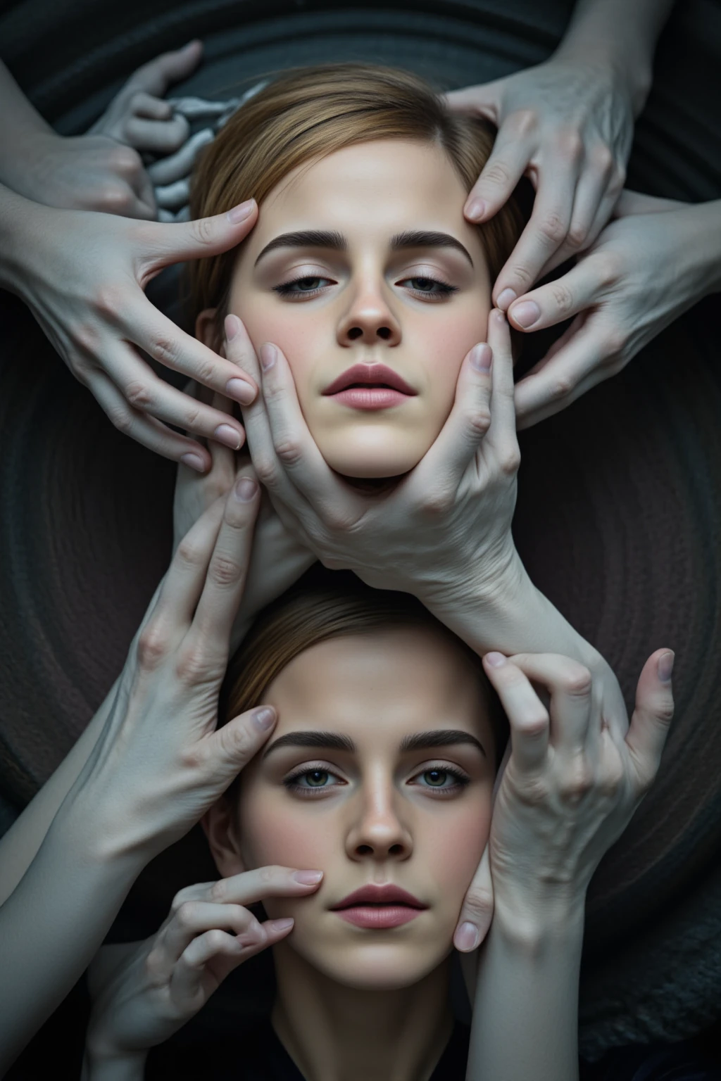 (masterpiece, best quality, high resolution), white zombie hands emerging from a singularity, Emma Watson's sleeping face, many hands touching outline of face, vortex, intricate detail, 8k, hdr